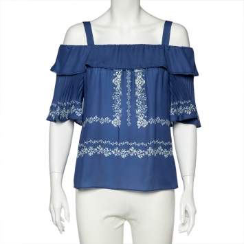 Pre Owned Self-Portrait Blue Printed Crepe Smocked Detail Cold Shoulder Top M