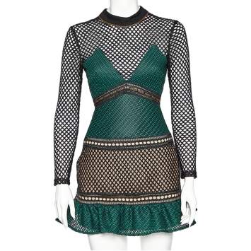 مملوكة مسبقًا Self-Portrait Dark Green Mesh & Tulle Paneled Mini Dress XS