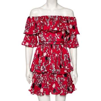 مملوكة مسبقًا Self-Portrait Magenta Floral Printed Crepe Pleated Off-Shoulder Mini Dress S
