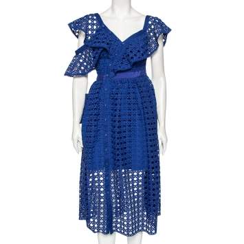 Pre Owned Self-Portrait Blue Crochet Lace One Shoulder Ruffled Midi Dress M