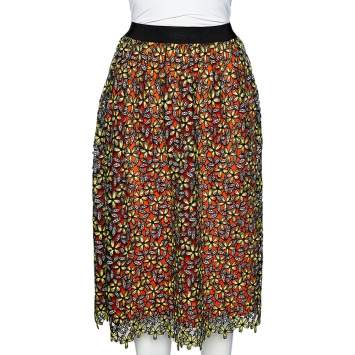 Pre Owned Self-Portrait Multicolor Floral Guipure Lace Midi Skirt S