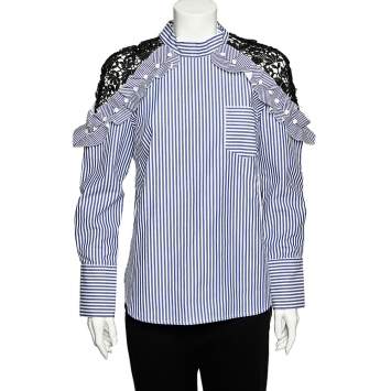 Pre Owned Self-Portrait Blue Striped Cotton & Contrast Lace Long Sleeve Top M