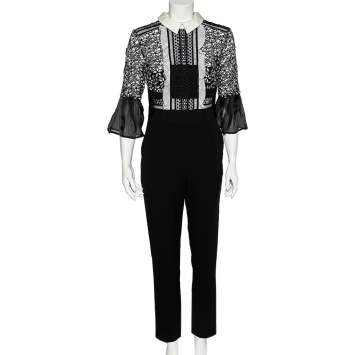 Pre Owned Self-Portrait Black & White Lace Bodice Bell Sleeve Jumpsuit M
