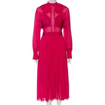 Pre Owned Self-Portrait Fuchsia Chiffon Ruffled Detailed Midi Dress S