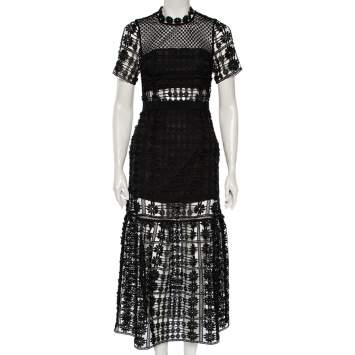 Pre Owned Self Portrait Black Floral Guipure Lace Flared Midi Dress S