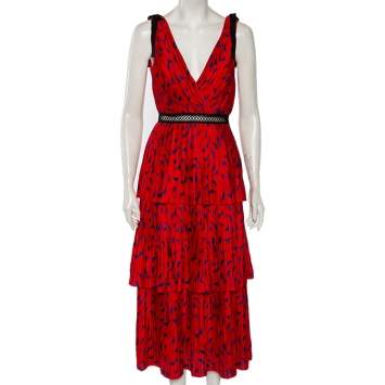 Pre Owned Self-Portrait Red Printed Crepe De Chine Tiered Midi Dress S