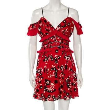 مملوكة مسبقًا Self-Portrait Red Floral Printed Crepe Ruffle Detailed Cold Shoulder Mini Dress S