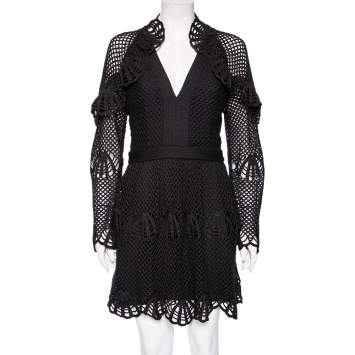 مملوكة مسبقًا Self-Portrait Black Crochet Knit Frill Detailed Long Sleeve Short Dress M