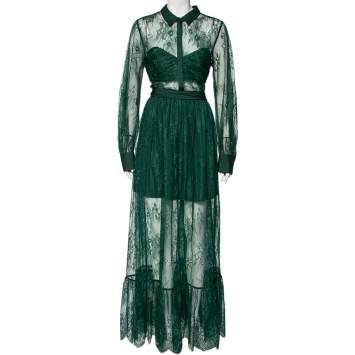 Pre Owned Self-Portrait Green Floral Lace Gathered Detailed Maxi Dress L