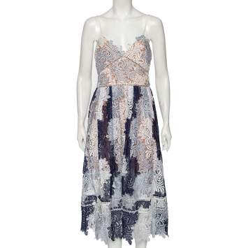 مملوكة مسبقًا Self-Portrait Navy Blue & White Guipure Lace Pleated Camellias Dress M
