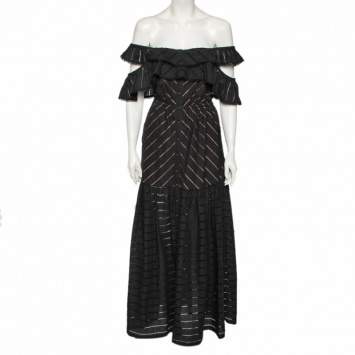 Pre Owned Self-Portrait Navy Blue Eyelet Cotton Button Front Off-Shoulder Dress S