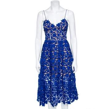 مملوكة مسبقًا Self-Portrait Cobalt Blue Floral Guipure Lace Azalea Dress S