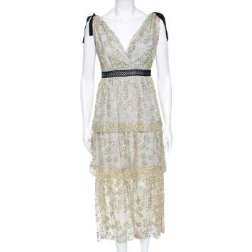 Pre Owned Self-Portrait Grey & Gold Embroidery Embellished Tulle V-Neck Midi Dress M