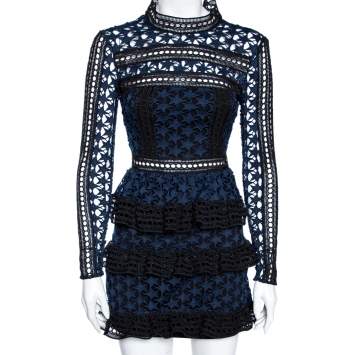 مملوكة مسبقًا Self-Portrait Navy Blue Guipure Lace Ruffled Mini Dress S