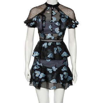 Pre Owned Self-Portrait Black & Blue Floral Fil Coupe Cut-Out Back Ruffled Dress XS
