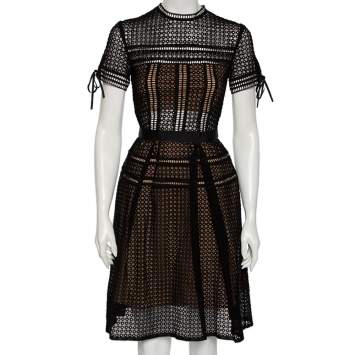 Pre Owned Self-Portrait Black Eyelet Lace Pleated Aurelia Dress S