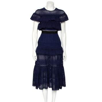 Pre Owned Self-Portrait Navy Blue Cotton Tiered Floral Broderie Anglaise Midi Dress S