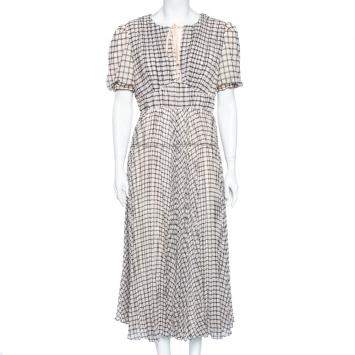 Pre Owned Self-Portrait Monochrome Checked Chiffon Midi Dress M