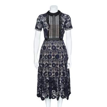 Pre Owned Self-Portrait Navy Blue Floral Guipure Lace Midi Dress S 