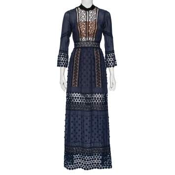مملوكة مسبقًا Self-Portrait Navy Blue Cotton & Guipure Lace Floral Appliqued Dress S