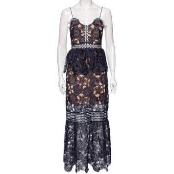 Pre Owned Self-Portrait Navy Blue Floral Guipure Lace Amaryllis Sheer Column Dress M