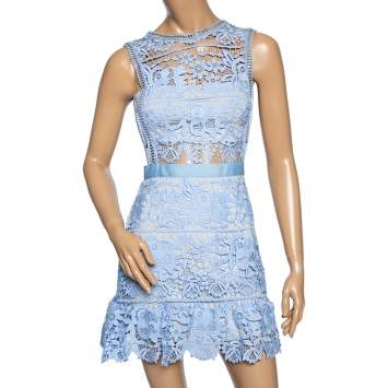 Pre Owned Self Portrait Blue Guipure Lace Flared Mini Dress S