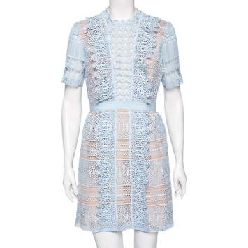 مملوكة مسبقًا Self-Portrait Blue Guipure Lace Short Sleeve Dress M
