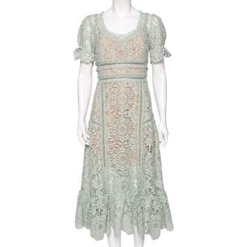 Pre Owned Self-Portrait Pistachio Green Guipure Lace Midi Dress M