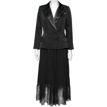 مملوكة مسبقًا Self-Portrait Black Crepe & Chiffon Plisse Pleated Tailored Dress M