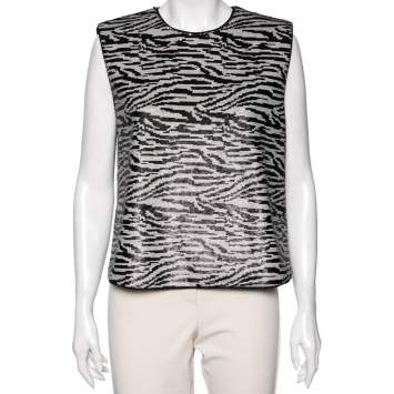 Pre Owned Self Portrait Monochrome Zebra Pattern Sequin Embellished Sleeveless Top M