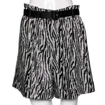Pre Owned Self-Portrait Monochrome Zebra Patterned Sequin Embellished Belted Shorts M