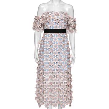 Pre Owned Self-Portrait Blue & Pink Floral Guipure Lace Off-Shoulder Midi Dress L