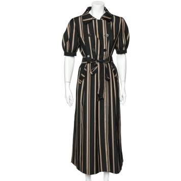 Pre Owned Self-Portrait Black Striped Synthetic Belted Trench Coat Dress L