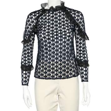 Pre Owned Self-Portrait Navy Blue Star Lace Ruffled Top XS