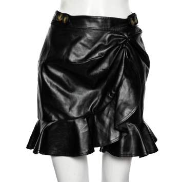 Pre Owned Self-Portrait Black Faux Leather Ruffled Mini Skirt M