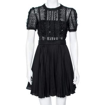 Pre Owned Self-Portrait Black Mesh Sequin Embellished Puff Sleeve Mini Dress M