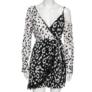 مملوكة مسبقًا Self-Portrait Black-White Leopard Printed Crepe De Chine Lace Trim Wrap Dress S