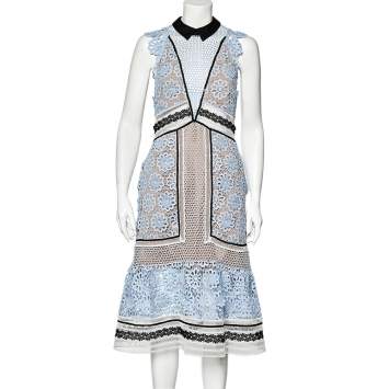 Pre Owned Self-Portrait Blue Guipure Lace Sleeveless Midi Dress M