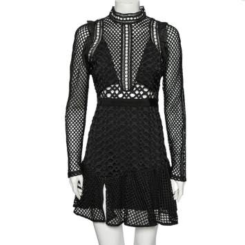 Pre Owned Self-Portrait Black Guipure Lace Ruffle Trim Detailed Long Sleeve Dress M