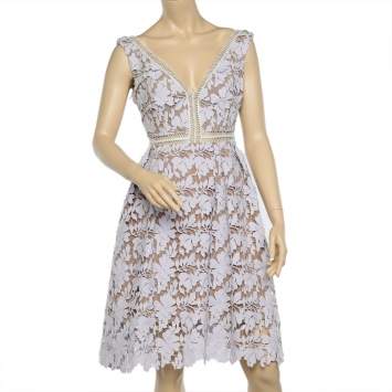 Pre Owned Self-Portrait Pale Lilac Guipure Lace Sleeveless Midi Dress M