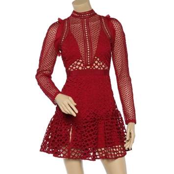 Pre Owned Self- Portrait Red Lace Hall Mini Dress S