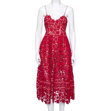 Pre Owned Self-Portrait Fuchsia Floral Guipure Lace Sleeveless Midi Dress M
