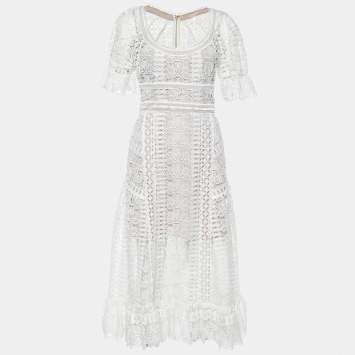 Pre Owned Self-Portrait White Guipure Lace Midi Dress S
