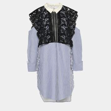 Pre Owned Self-Portrait Blue Striped Cotton Lace Overlay Shirt Dress M