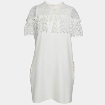 Pre Owned Self-Portrait White Knit Lace Trimmed Midi Dress M