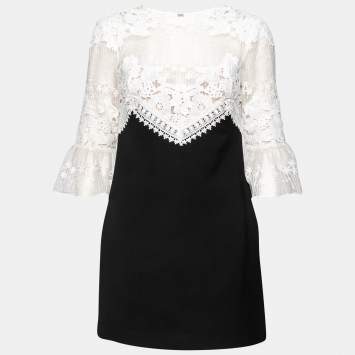 Pre Owned Self-Portrait Black and White Floral Embroidered Organza And Crepe Mini Dress M