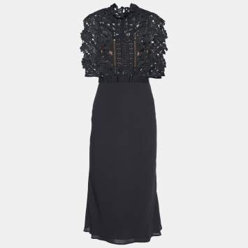 Pre Owned Self-Portrait Black Cropped Lace Overlay Midi Dress XS