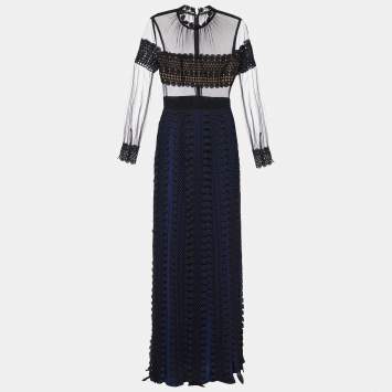 Pre Owned Self-Portrait Black and Blue Crepe Sheer Panels and Overlay Maxi Dress M