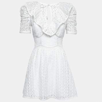 Pre Owned Self-Portrait White Eyelet Embroidered Cotton Puff Shoulder Mini Dress S