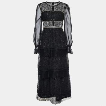Pre Owned Self-Portrait Black Lace and Crystal Trimmed Maxi Dress L